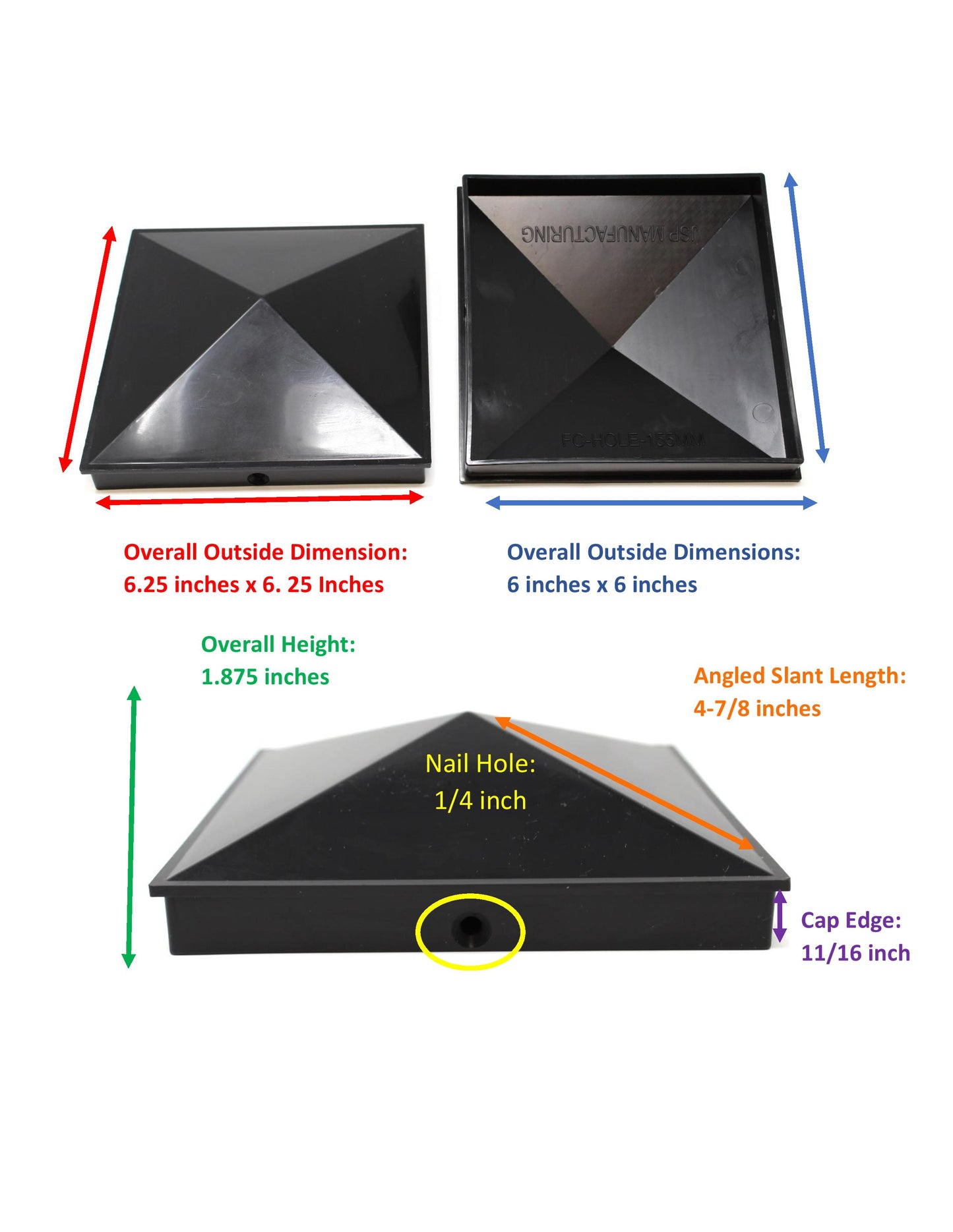 6x6 True (155mm x 155mm) Pyramid Vinyl Fence Post Cap w/ Pre-Drilled Hole for True Actual 6"x 6" Posts